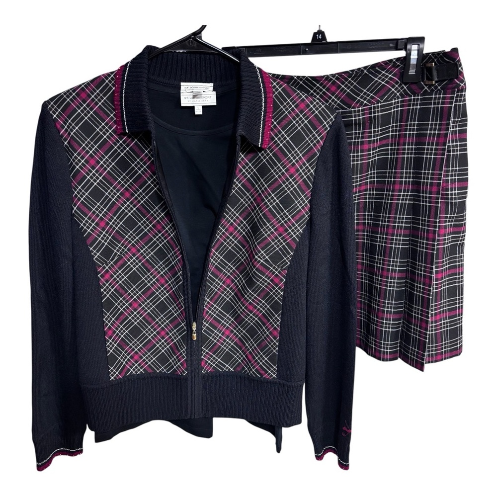 NWOT St. John Sport 3pc Black Plaid Zip Jacket, Top & Skort w Red Accents L/14